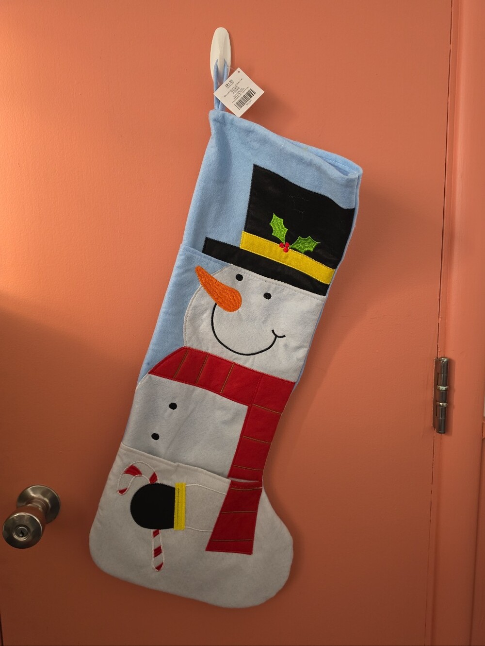 NWT 30" XL Felt Festive Snowman Blue Christmas Stocking Front Pockets For Gifts